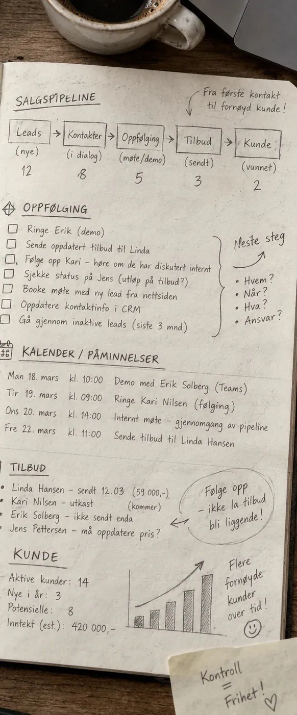 A hand-drawn sales pipeline in a notebook, with follow-ups, calendar and proposals